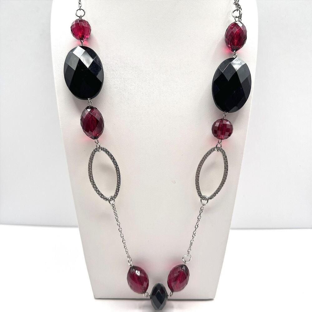 Vintage 90s Black & Red Beaded Necklace Silver Tone Statement Fashion Jewelry